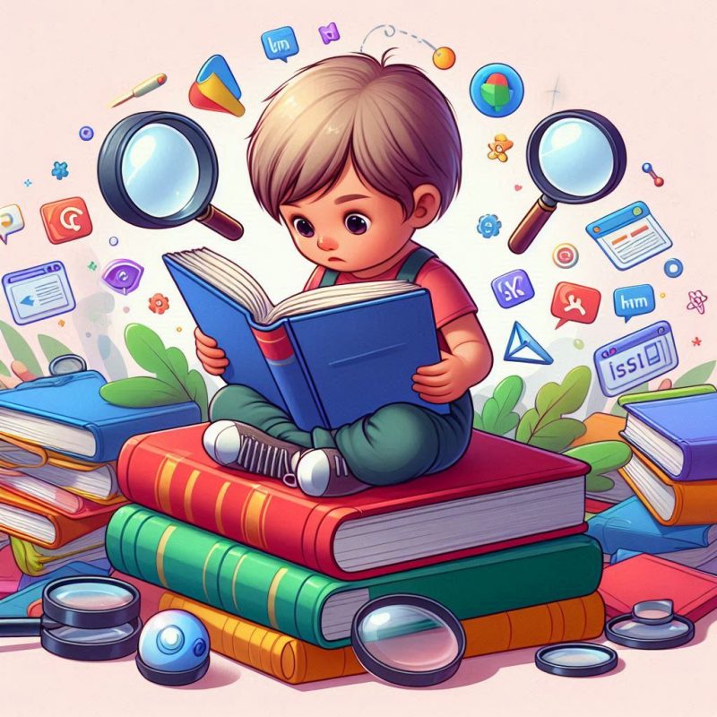 Ein Kind sitzt auf Büchern und liest ein Buch über Suchmaschinenmarketing.